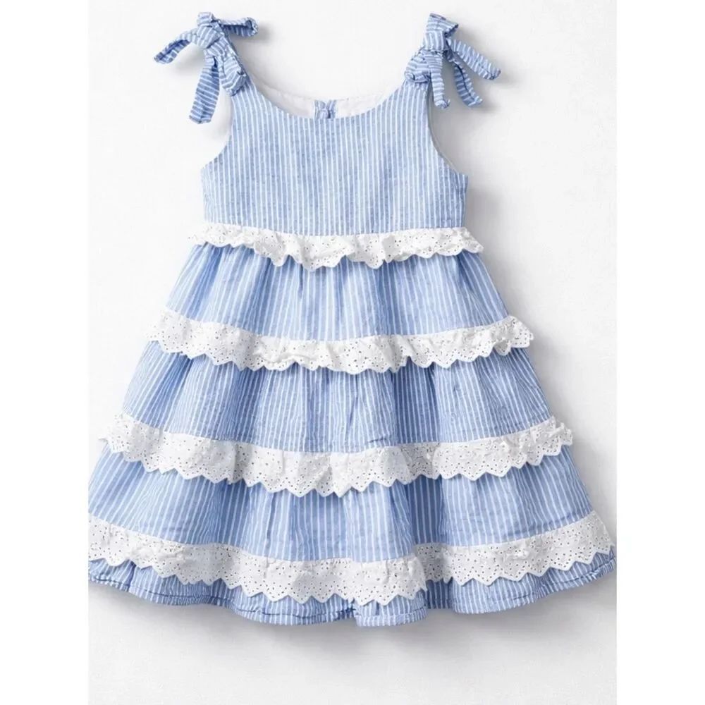 Rare Editions blue and white tiered twirl dress with eyelet ruffles size 4